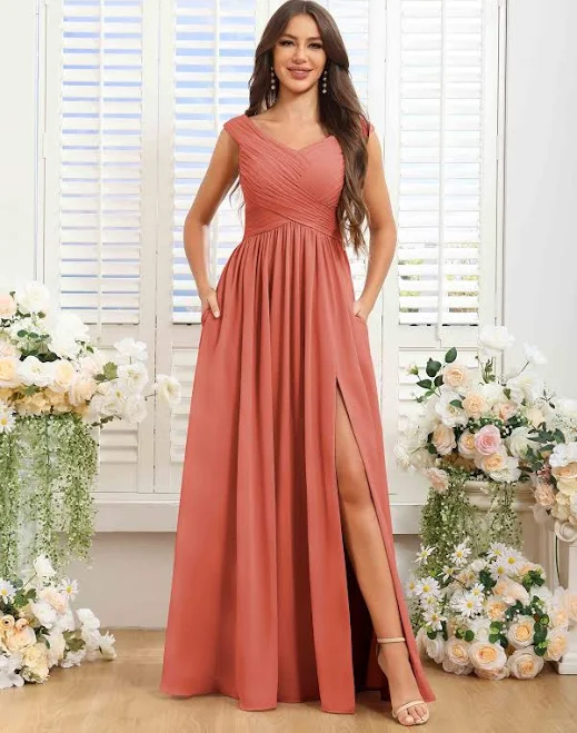 dress A-Line V-Neck Pleated Slit Bridesmaid Dress Pomuyoo $89
