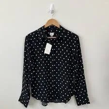 blouse A New Day Women's Button Up Tops Polka Dots Black Cream XS Long Sleeves Shirt eBay $14