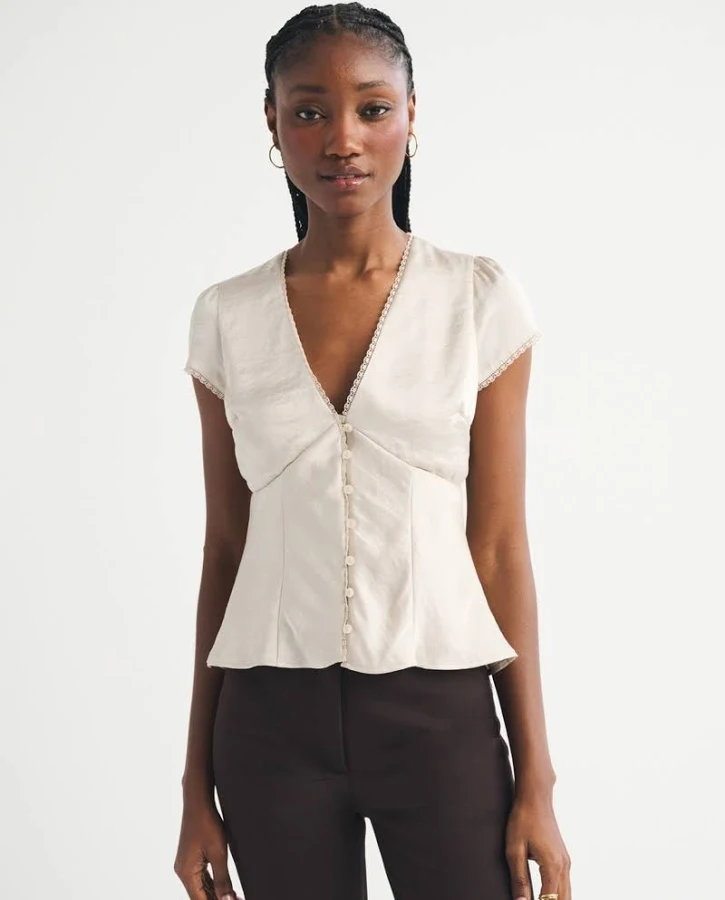 top Abercrombie & Fitch Women's Slim Satin Short-Sleeve Blouse Abercrombie & Fitch $65
