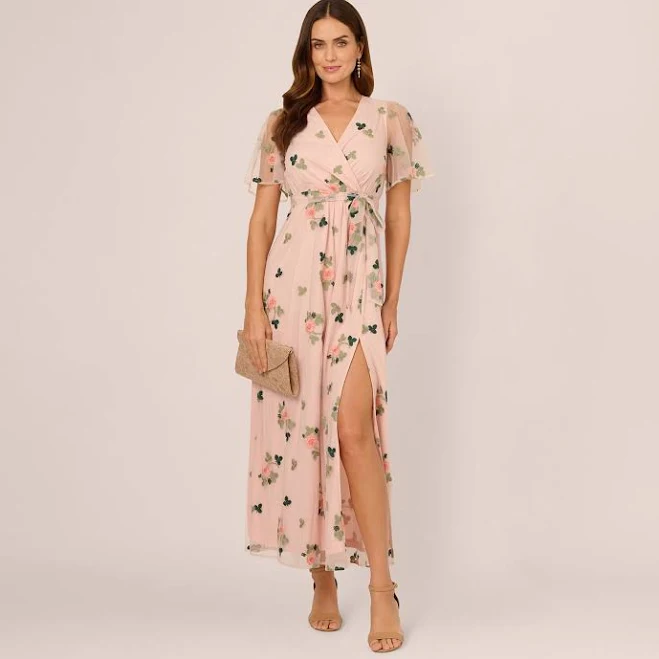 dress Adrianna Papell Women's Floral Embroidered Sheer Flutter Sleeve Maxi Dress Adrianna Papell $149