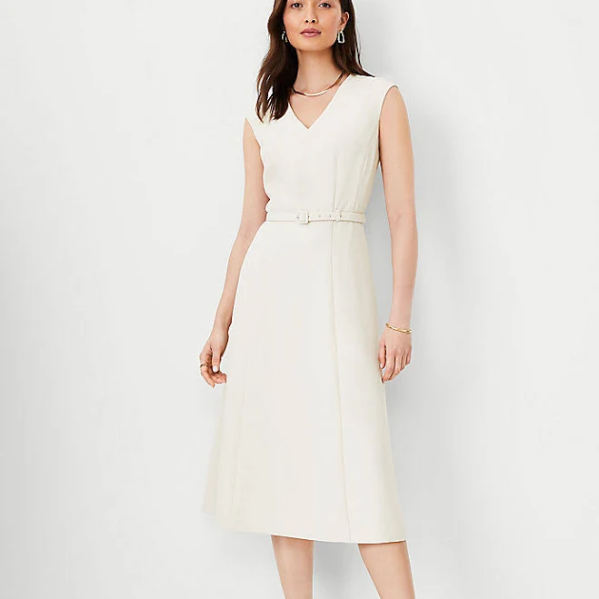 dress Ann Taylor Women's Petite Belted V-Neck Fluid Crepe Midi Dress Ann Taylor $101.4