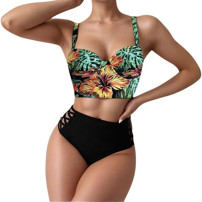 matching set Anna-Kaci Women's Tropical Print Longline Bikini Top with Lattice Side Details Kohl's $39