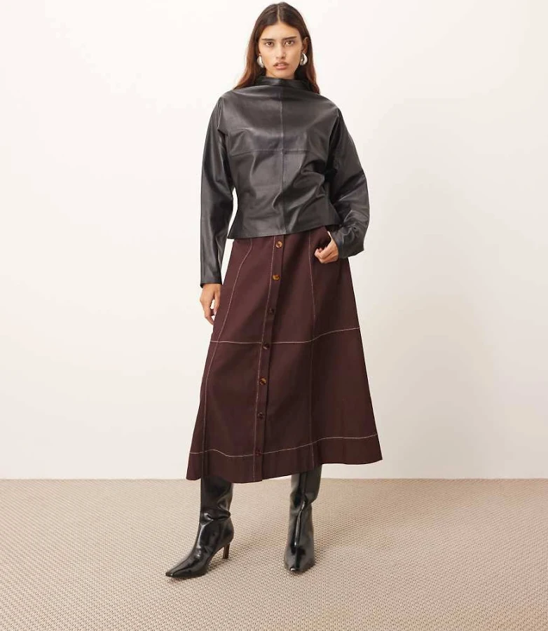 skirt ARRANGE heavy twill full midi skirt with contrast stitching in burgundy-Red ASOS $95.4