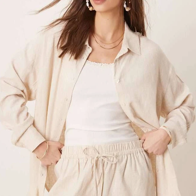 two piece set ASOS DESIGN oversized linen look shirt in natural - part of a set-Neutral ASOS $26.59