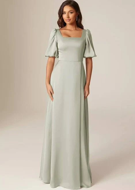 dress AW.Bridal A-line Square Neckline Floor Length Puff Sleeves Short Sleeves Satin Bridesmaid Dresses Dress AW Bridal $89.99