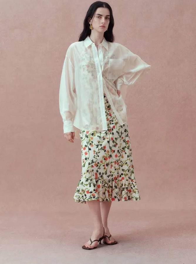 top Bella Sheer Organza Button-Up Shirt fbrq.com $118