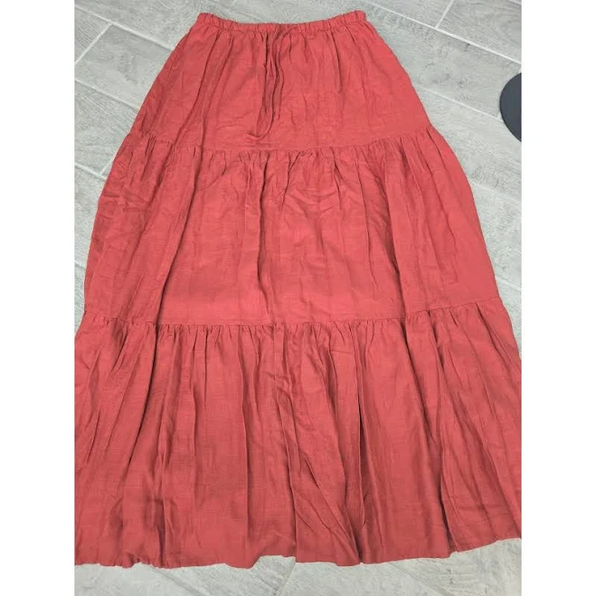 bottom Better Together Linen Blend Tiered Maxi Skirt Rust Orange Elastic eBay - hadler1127 $25