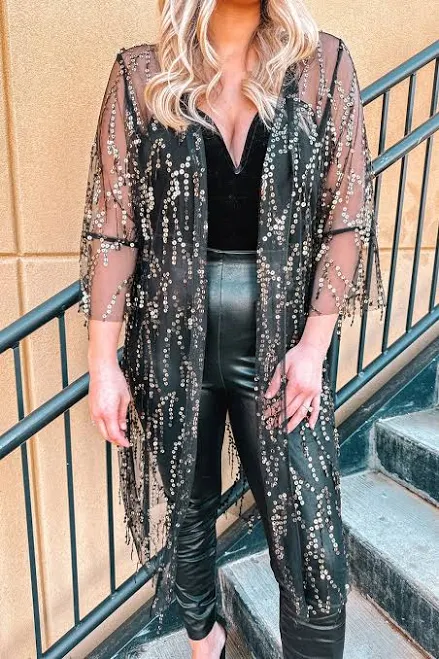 kimono Black Sequin Sheer Long Sleeve Kimono Cassie's Creekside Boutique $25