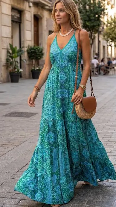 dress Bohemian Maxi Dress for Women, Teal Printed Summer Vacation Dress, Elegant Tiered Boho Gown, Flowy V-Neck Long Dress for Beach or Party Etsy - Seller $55.39