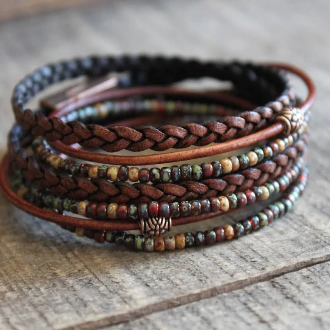 accessory Boho Leather Wrap Bracelet with Earth Beads and Miyuki Seed Beads Etsy - BohoWrapFrancesca $39