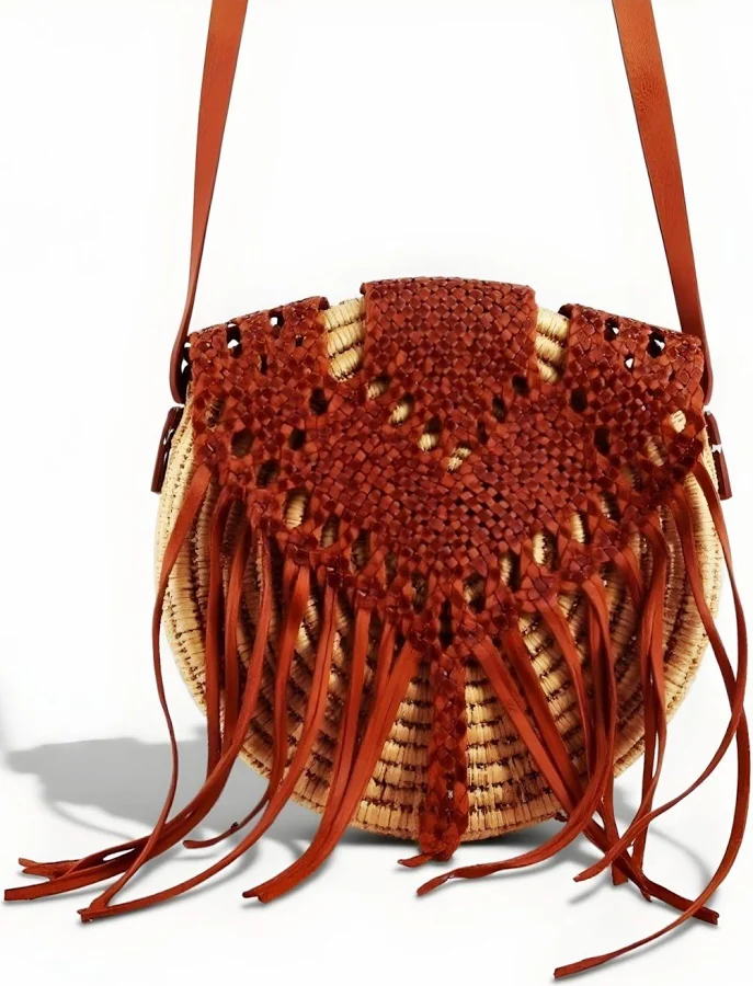 bag Boho Straw Crossbody Purse with Leather Fringe Marrakeche Crafts $79.1