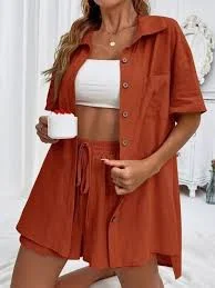 matching set Button Down Shirt and Drawstring Shorts Set - Terracotta / S Charming Charlie $36