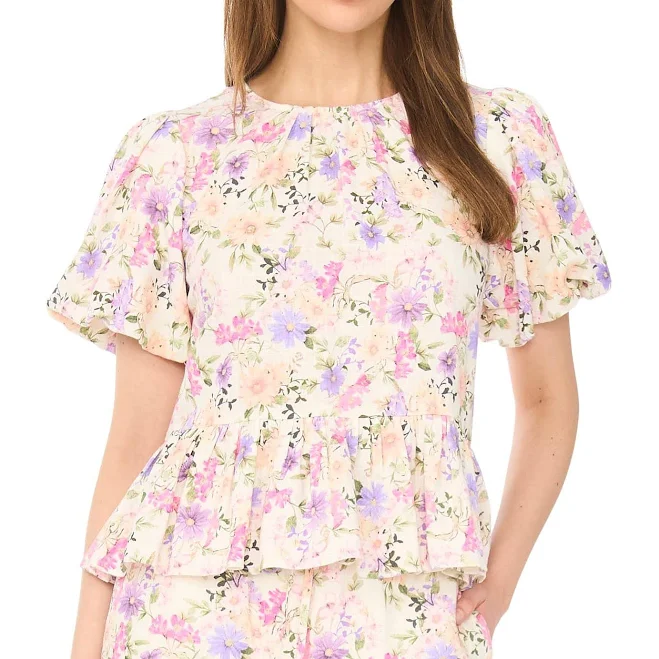 top CeCe Women's Floral Shirred Neck Peplum Blouse Dillard's $79