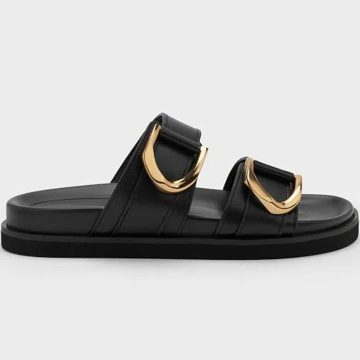 shoes Charles & Keith Gabine Gold-Buckle Leather Slides charleskeith.com $133