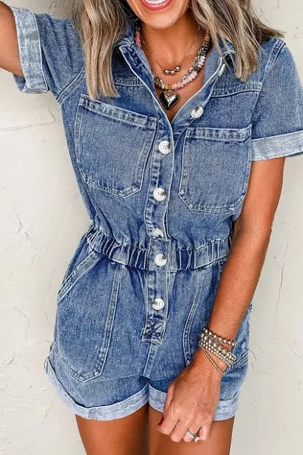 romper Chest Pocket Front Buttoned Folded Edge Denim Romper Charming Charlie $63.5