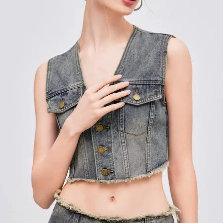 top CIDER Women's Denim V-Neck Washed Pocket Crop Top Trendy Festival Music Cider $9.87