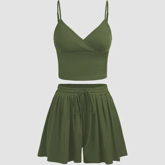 matching set CIDER Women's Knit V-Neck Knotted Crop Top & Shorts Set for Comfortable Daily Casual Vacation Cider $13.95