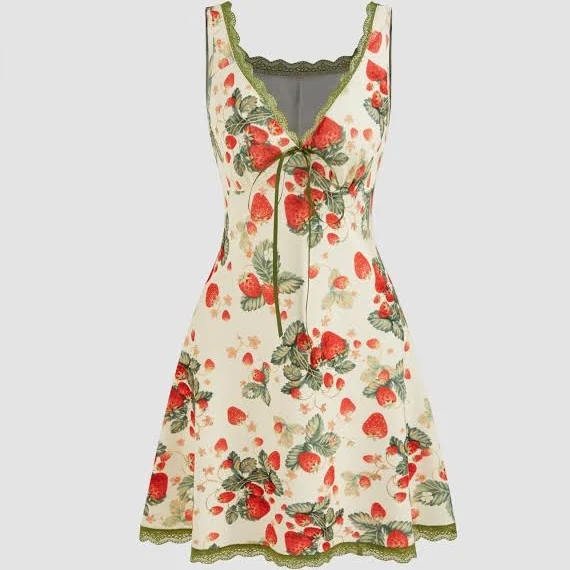 dress CIDER Women's Mini Dress Knit Lightweight Strawberry Graphic V-Neck Contrasting Binding Knotted Picnic Vacation Summer Cider $32.9