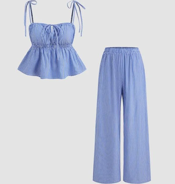 matching set CIDER Women's Striped Woven Square Neck Knotted Crop Cami Top & Striped High Rise Wide Leg Trousers Two-Piece Set Daily Casual Cider $37.9