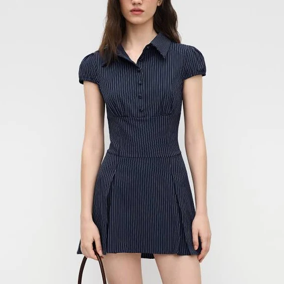 shirt dress CIDER Women's Woven Collar Striped Pleated Shirt Mini Dress for Daily Casual Cider $37.9