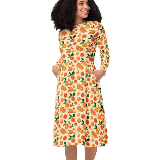 dress Citrus Oranges Printed Midi Dress, Foodie Dress, Cute Party Dress, Evening Prom Dress, Beach Wear, Plus Size Dress with Pocket, Modest Dress Etsy - Seller $63