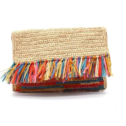 bag Coco Crochet Straw Envelope Clutch Purse with Raw Fringe Trim Edge Shebobo $73