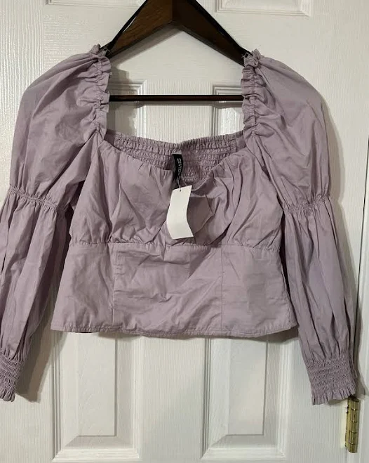 blouses Divided By H&m Lavender Smocked Ruched Cropped Puff Sleeve Square Neck eBay $18.55