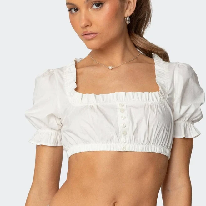 top Edikted Women's Lenora Puffed Sleeve Stretch Cotton Crop Top edikted $20