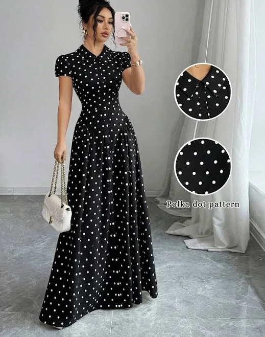 polka dots outfits Elegant Vintage Polka Dot Print Turndown Collar Button Front Gathered Lantern Sleeve Waist Shein $29.09