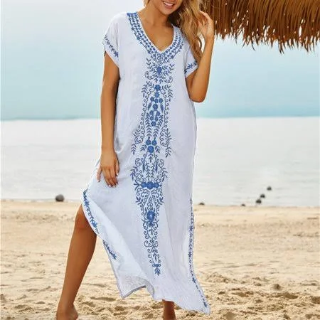 dress Elitegoogv Women One Piece Beach Cover Up Dress V Neck Short Sleeve Floral Embroidery Loose Fit Maxi Dress Bohemian Beachwear For Swimwear,White,One Walmart - EliteGoogv $29.08
