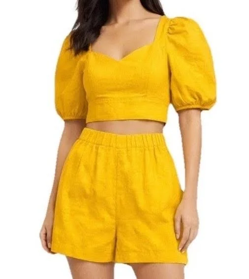 two piece set Express Gold Linen Blend Puff Sleeve Crop Top & High Waist Shorts eBay $36