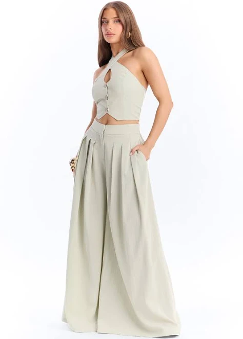 two piece set Fashion Nova Cropped Halter Linen Pant Set Fashion Nova $41.99