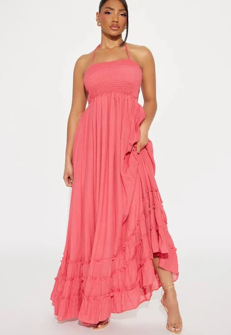 dress Fashion Nova Hayley Halter Backless Ruffle Gauze Maxi Dress Fashion Nova $22