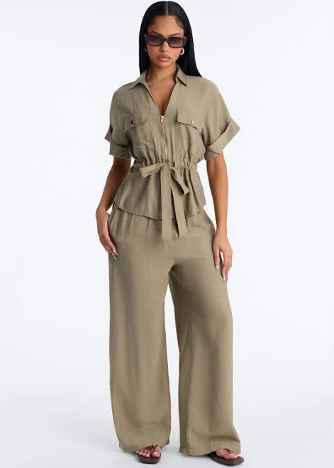 matching set Fashion Nova Linen Short Sleeve Button Up Shirt and Wide Leg Pant Set Fashion Nova $19.99