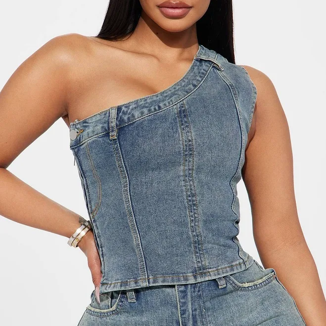 one shoulder top Fashion Nova Sleeveless Cropped Denim Blouse Fashion Nova $16.5