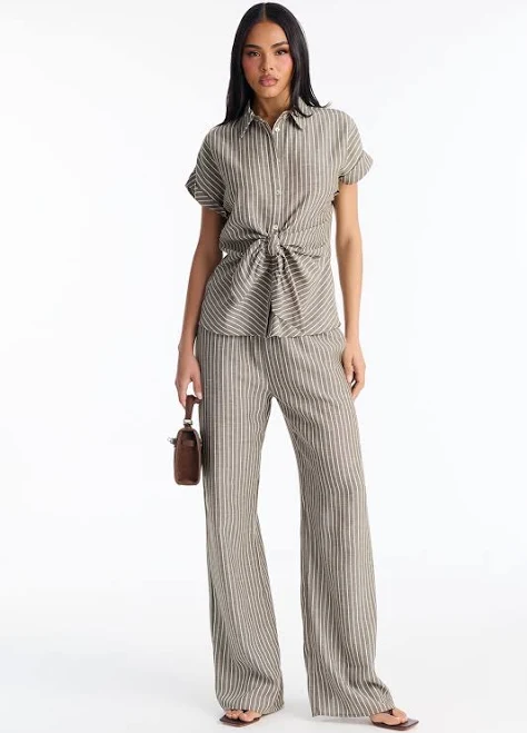 outfits Fashion Nova Tie Front Linen Button Up Shirt and Wide Leg Pant Set Fashion Nova $27.99