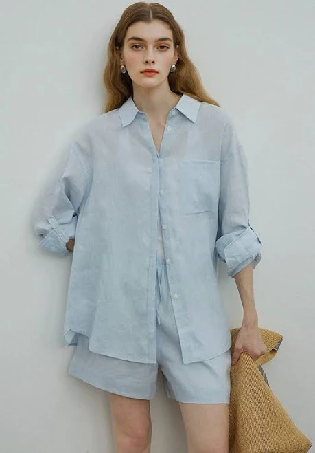 matching set Fibflx 100% Linen Long Sleeve Shirt & Shorts Set Fibflx $188