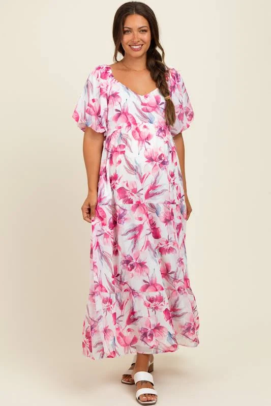dress Floral Chiffon Puff Sleeve Midi Dress PinkBlush Maternity $31