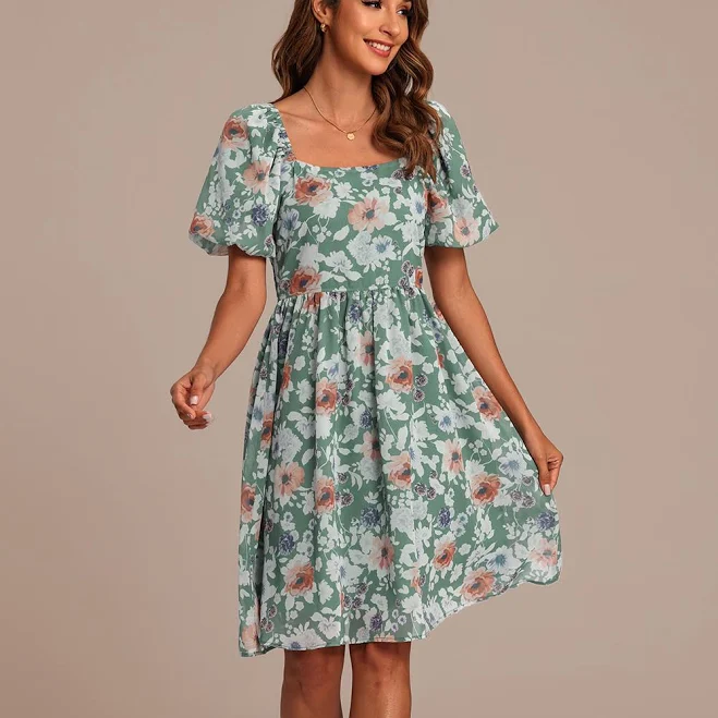 dress Floral Short Puff Sleeve Square Neck Midi Dress Petal Lush $43
