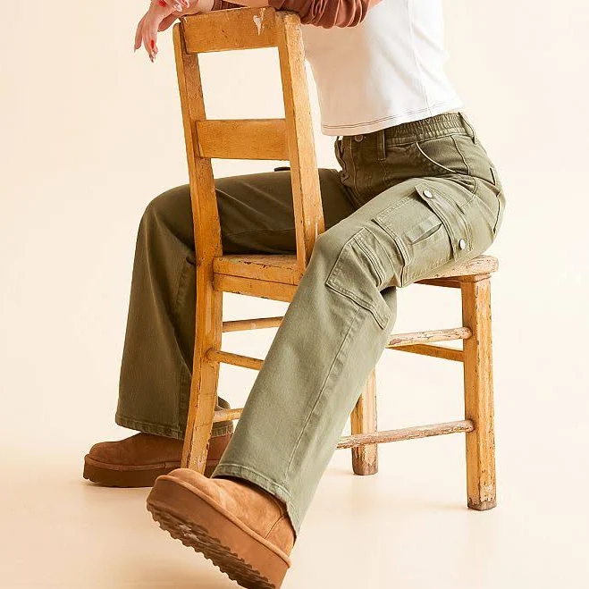 bottom Flying Monkey Women's High Rise Wide Leg Stretch Cotton Cargo Pants Buckle $48.74