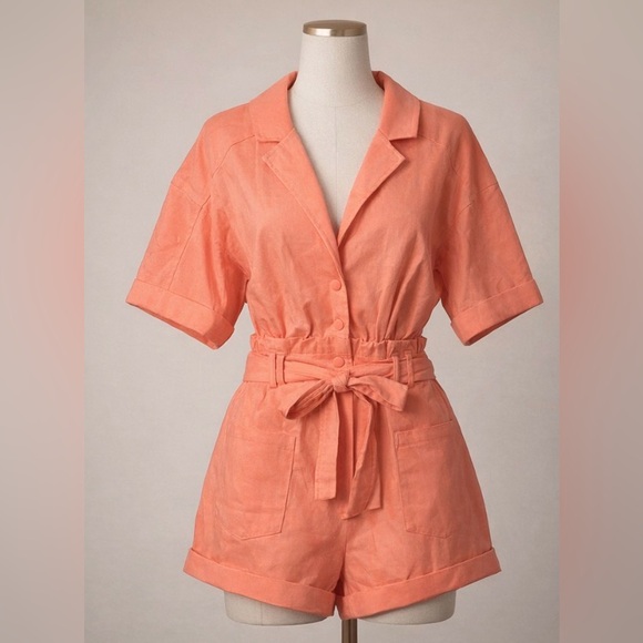 romper FOR LOVE & LEMONS Millie Romper Coral Mango Linen Blend Tie Waist Size S NWT Poshmark $125