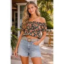 crop top FP ONE Smocked Off Shoulder Floral Crop Top Green Orange Pink Viscose Large eBay $19