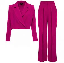 matching set Fuchsia Suit With Cropped Blazer And Ultra Wide Leg Trousers by BLUZAT wolfandbadger.com $367