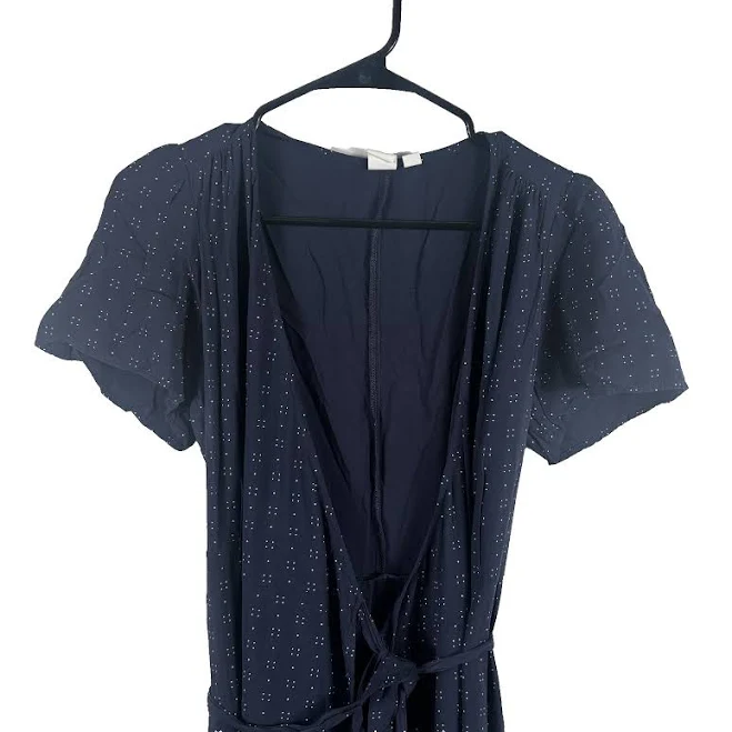 dress Gap Navy Blue And White Micro Polka Dot Short Sleeve Wrap Midi Dress eBay $34.99