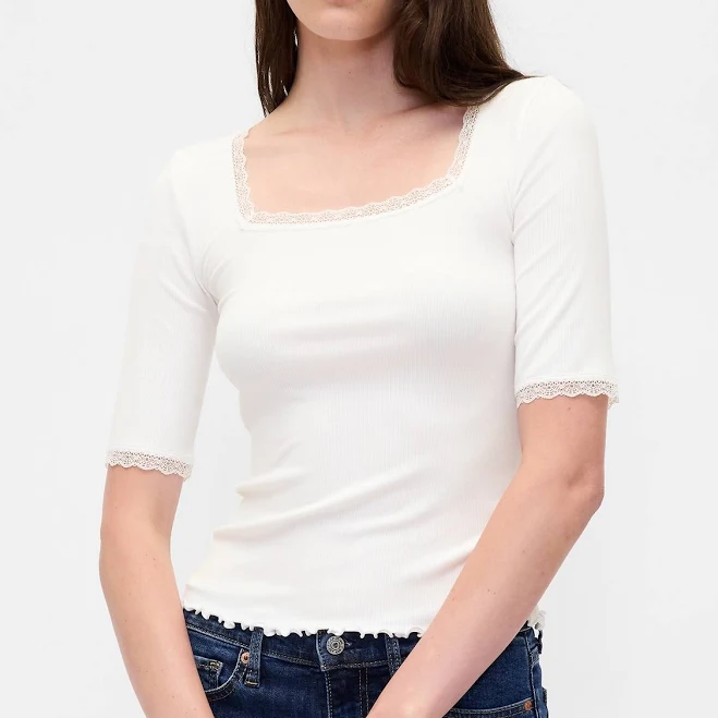 top Gap Women's Modal Rib Lace-Trim Square-Neck T-Shirt Gap $15