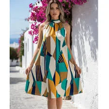 dress Geometric Print Halter Dress, Teal and Mustard A-Line Summer Dress, Sleeveless Knee Length Vacation Outfit, Flowy Boho Sundress,Gift for Her Etsy $92