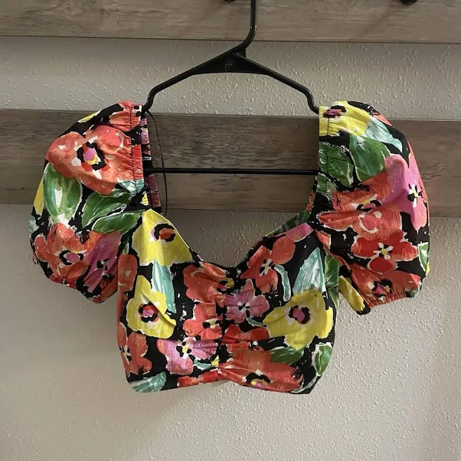 top Gianni Bini Colorful Floral Crop Top Puff Sleeve Off Shoulder Tropical eBay - artgirl308 $36.99