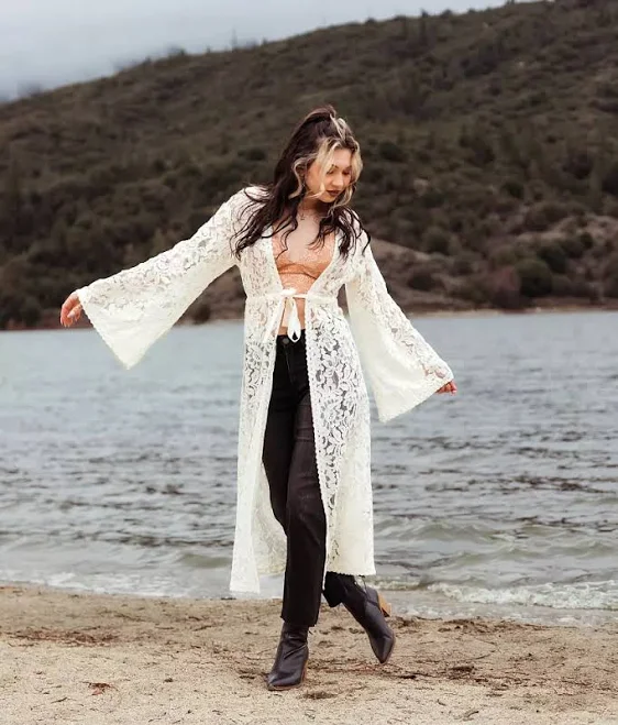 kimono Gimmicks Women's Polyester Floral Lace Kimono with Buckle Buckle $34.99