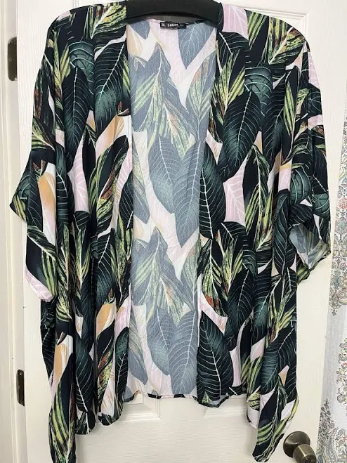 kimono Green And Pink Tropical Leaf Kimono. eBay $10