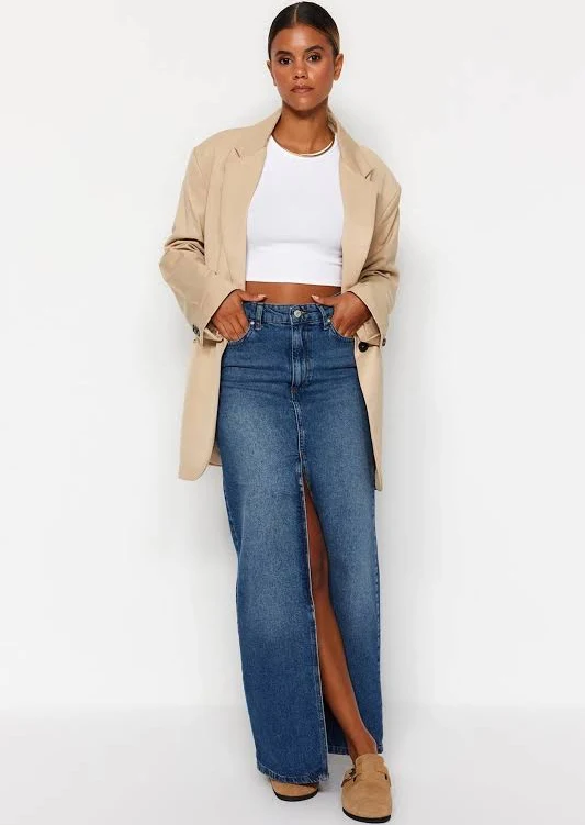 maxi skirt High-Waist Denim Maxi Skirt with Slit & Pockets Etsy - Seller $103.99